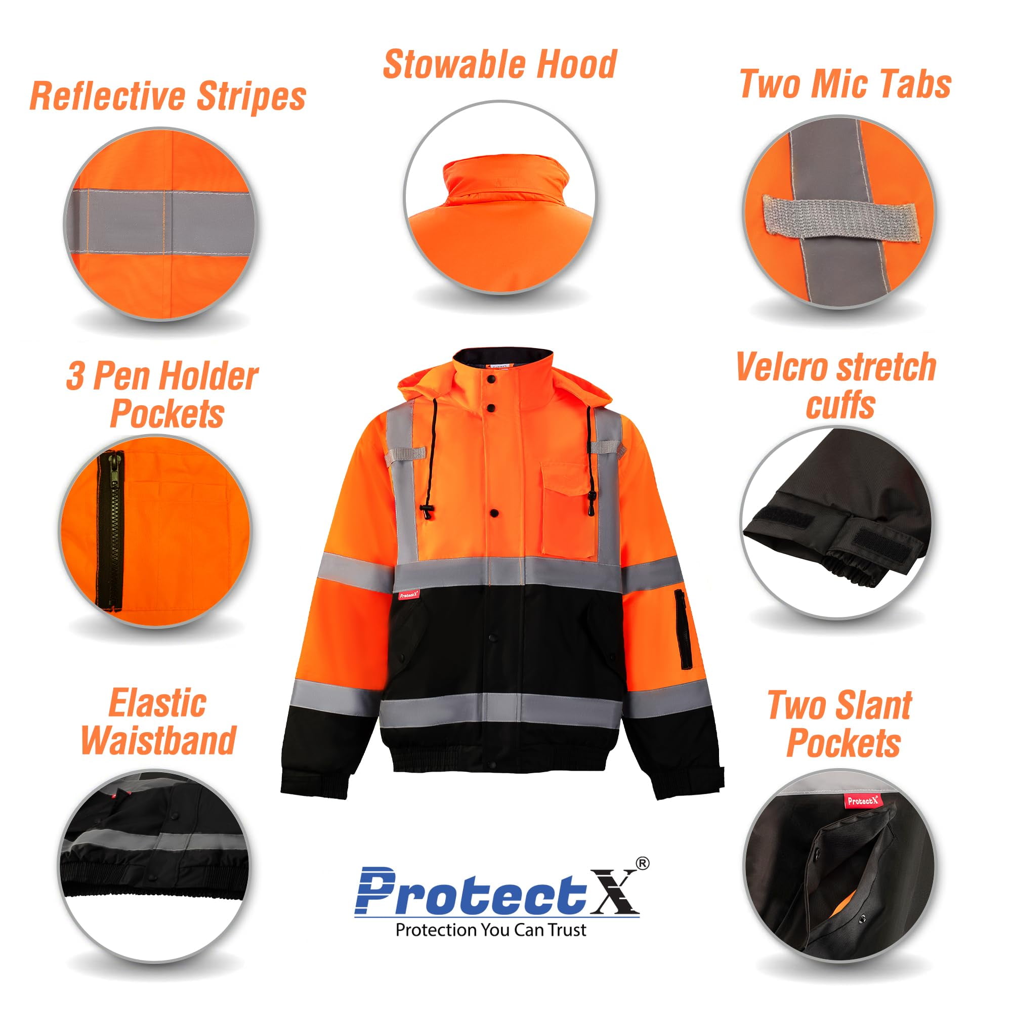 ProtectX High Visibility Safety Waterproof Bomber Jacket for Women Men, Hi Vis Reflective Winter Construction Jacket, Class 3, Orange, 2X-Large