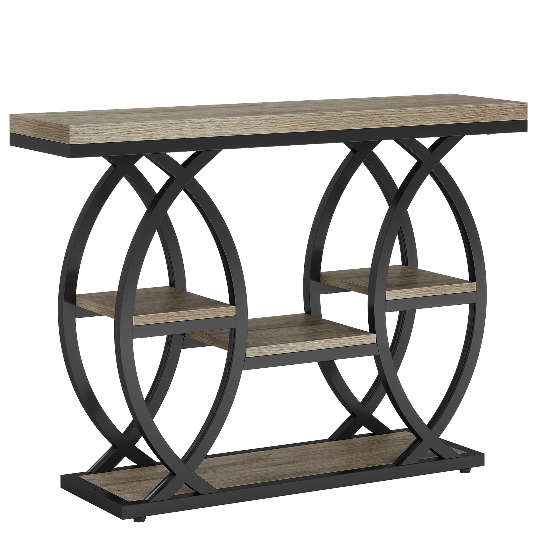 Fnova 39.4" Industrial Console Table, 4-Tier Retro Staggered Storage Shelves, Narrow Wood Accent Table with Metal Frame, for Small Spaces, Entryway, Sofa, Hallway