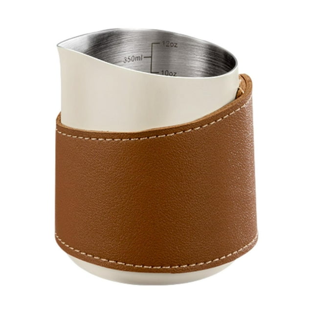 Jarra para espumar leche sin asa, jarra para leche sin asa, accesorios para café expreso envueltos en cuero de PU, taza para café con boca y M