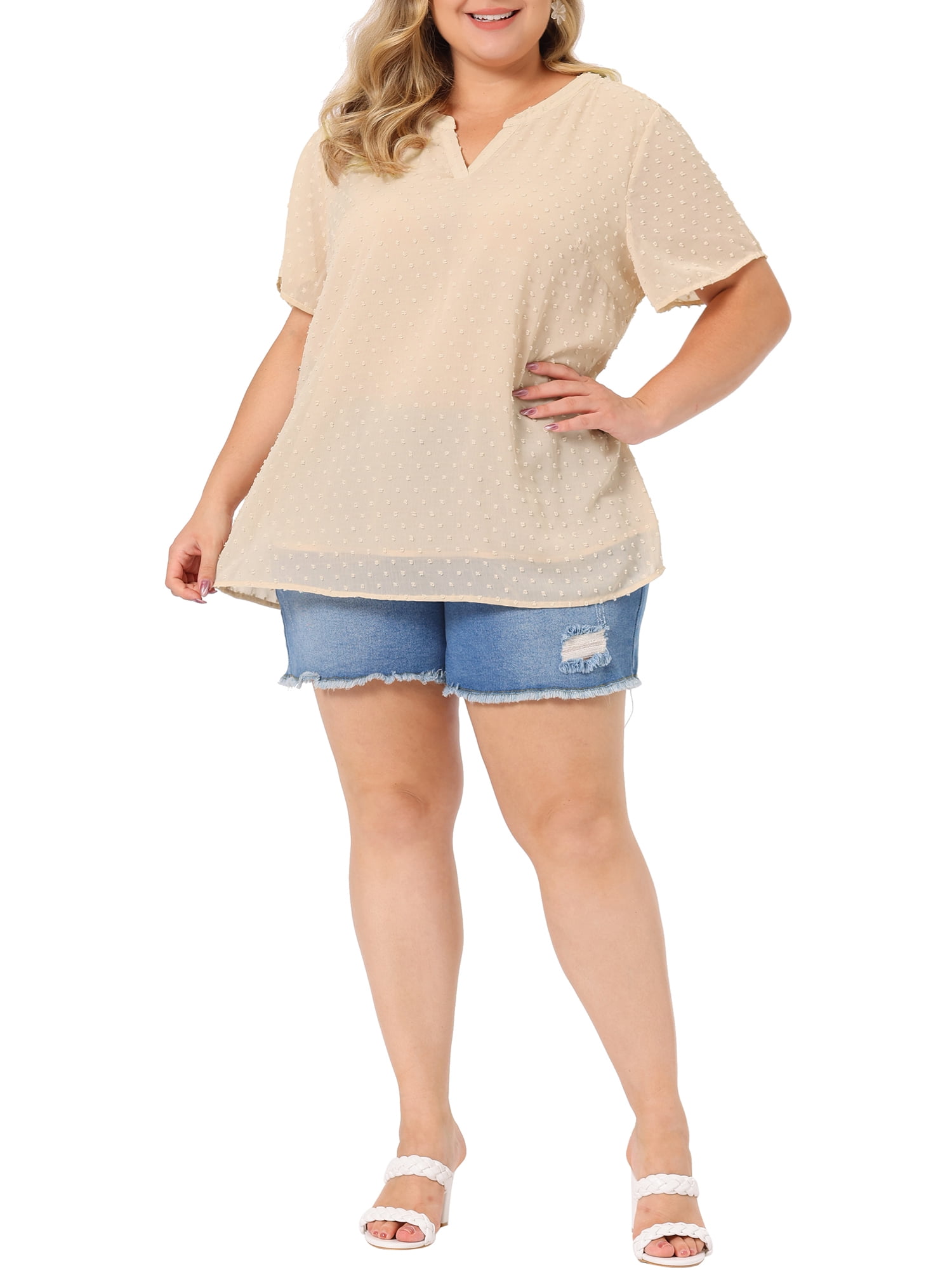 Unique Bargains Women's Plus Size Outfits Fashion Solid Pin Dots V Neck Top 2X Beige