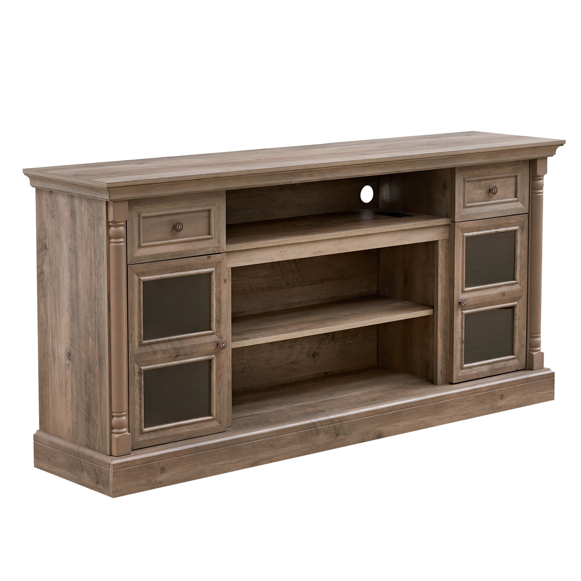 AENKYO 66" Farmhouse TV Stand with RGB LED Lights, Adjustable Shelves & Glass Doors for TVs up to 70in, Walnut