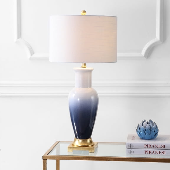 JONATHAN Y Dip Dye 31.5" Ceramic LED Table Lamp, White/Navy, JYL3017A