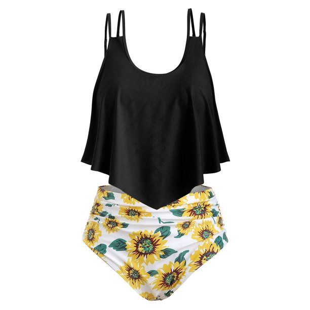 Conjunto Tankini de superposición de contraste de girasol talla grande Rosegal Tankinis