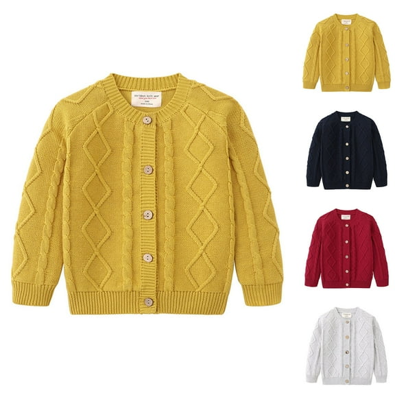 WRKEKC Girls Cardigan Kids Cardigan Solid Color Cable Knit Crewneck Long Sleeve Thick Warm Soft Cozy Casual Knit Cardigan Sweater for 3-10Y Kids Winter Fall Everyday Wear
