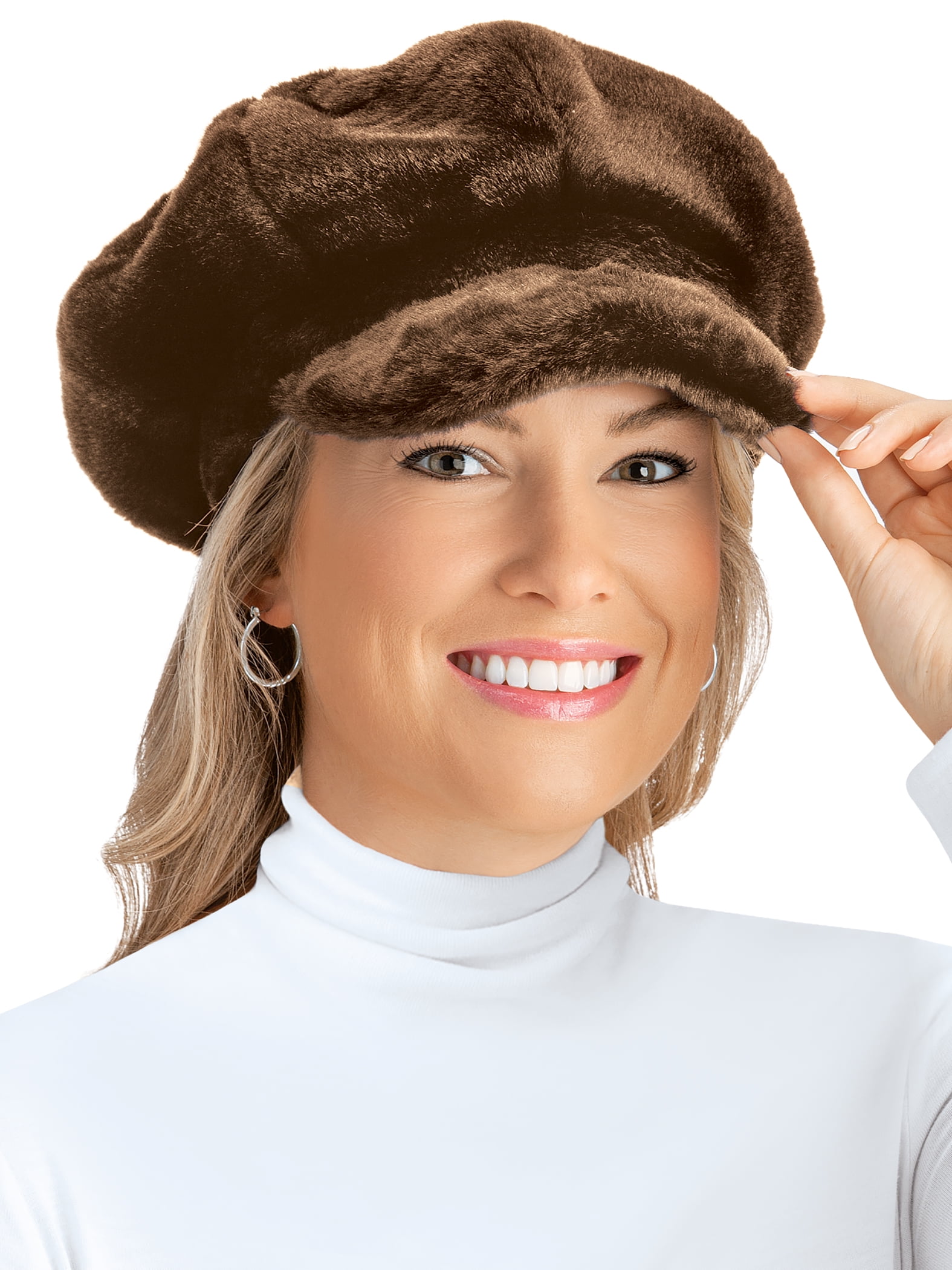 Collections Etc Women's Faux Fur Newsboy Winter Hat Chocolate