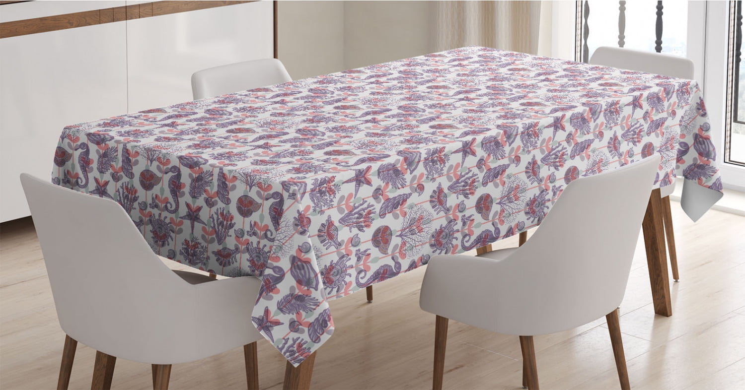 Underwater Tablecloth, Coral Reef Seahorse Seashells Nautilus Seaweed