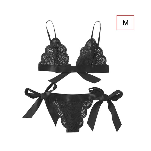 Conjunto de ropa interior de encaje floral encantador para mujer, regalo de lencería de bragas de malla, negro, M Noticed XX000194-09