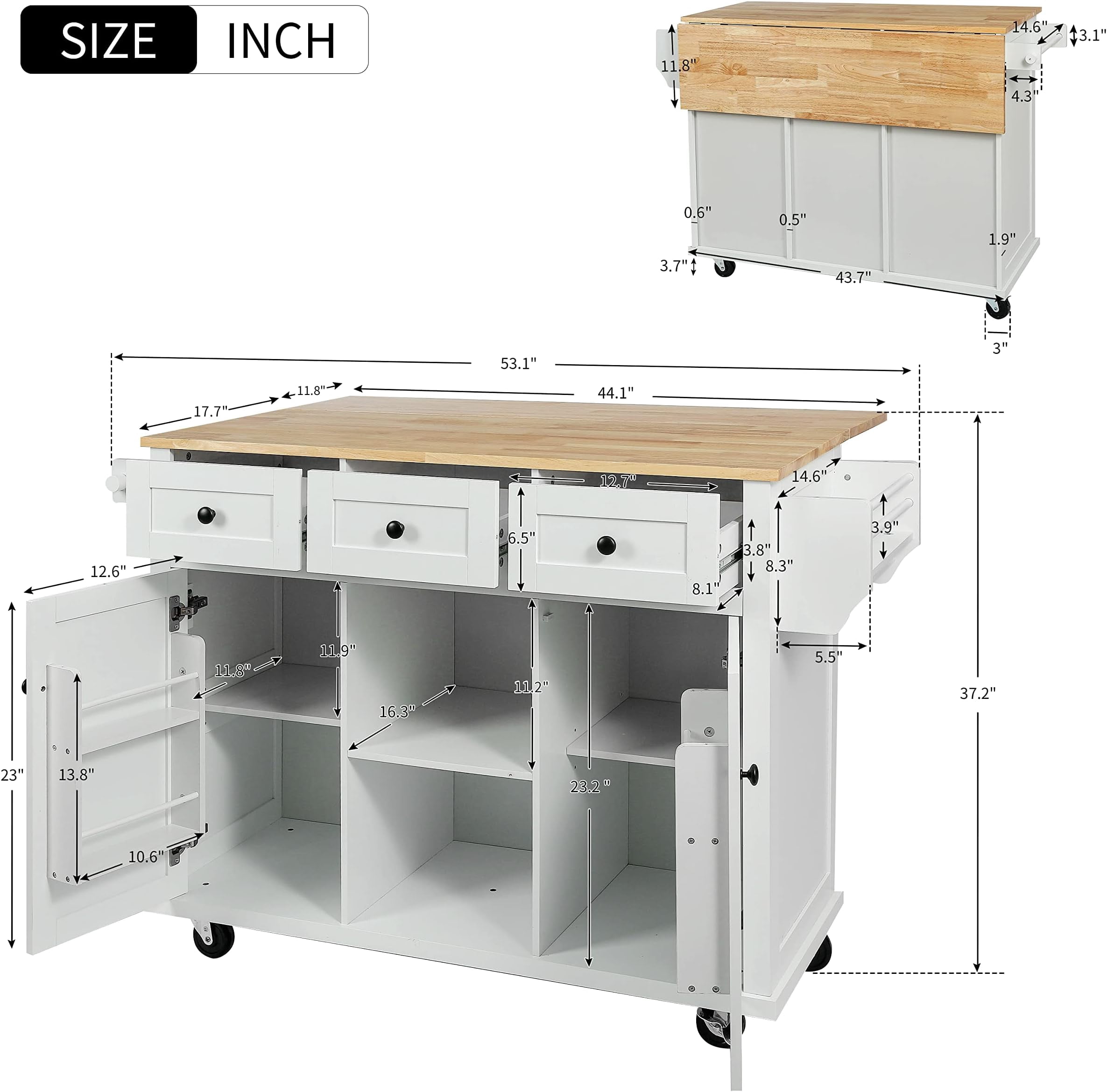 JESTOP Rolling Kitchen Island with 3 Drawers and 2 Cabinets, Kitchen Cart on Wheels with Drop Leaf, Wood Portable Trolley Island with Cabinet Door Storage Racks, for Dinning Room