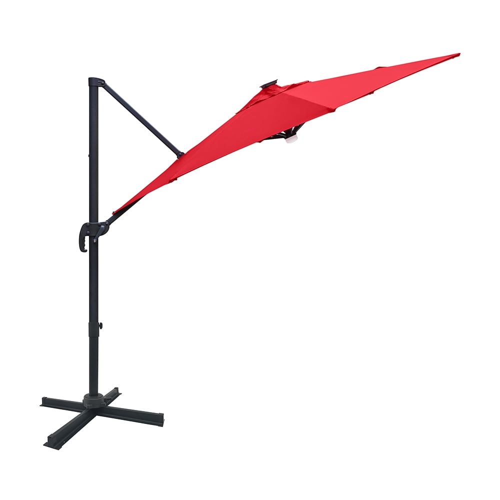 Premium 10 Feet Cantilever Patio Umbrella with Solar Powered LED Lights, Cranberry Red