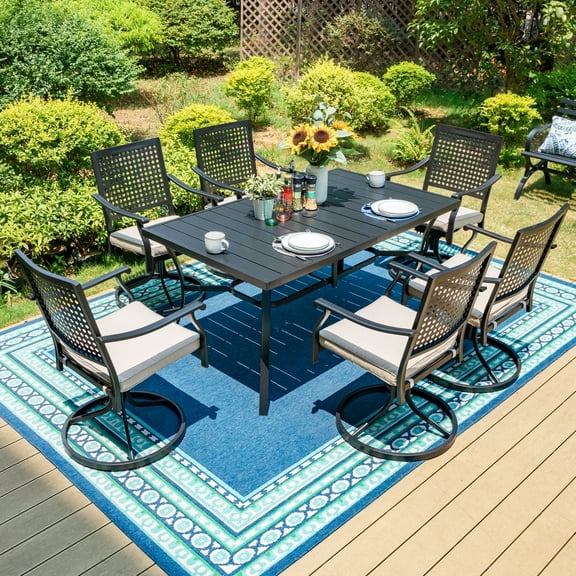 MF Studio 7-Piece Outdoor Patio Dining Set with 6 Swivel Chairs with Cushion and 1 Rectangular Metal Steel Table with Umbrella Hole, Black & Beige