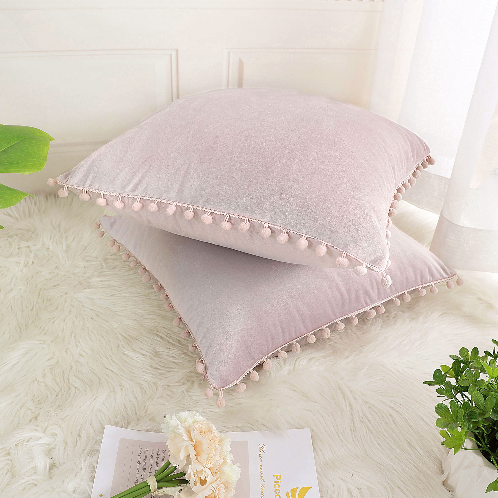 Unique Bargains Velvet Pillow Cover with Pompoms for Sofa 2PCS Pale Pink 16x16Inch