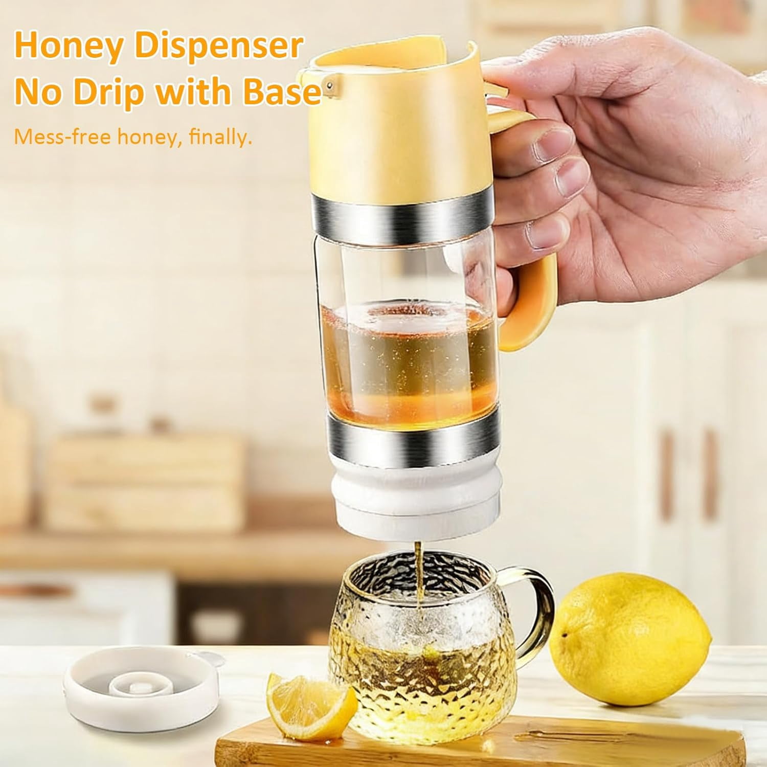 Honey Dispenser with Base, 12 OZ Glass Honey Jar No Drip, Pressure Valve Bottle for Syrup Jam, Black(XX)