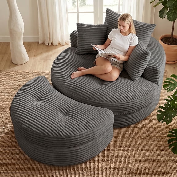 Oversized Round Deep Seat Cloud Boneless Floor Sofa Couch, with 3 Pillows & Ottoman, No Assembly, Grey