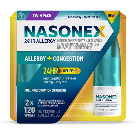 Nasonex 24HR Allergy Nasal Spray, Allergy + Congestion, Non-Drowsy Relief in Full Prescription Strength,120 Spray, 2 Pack