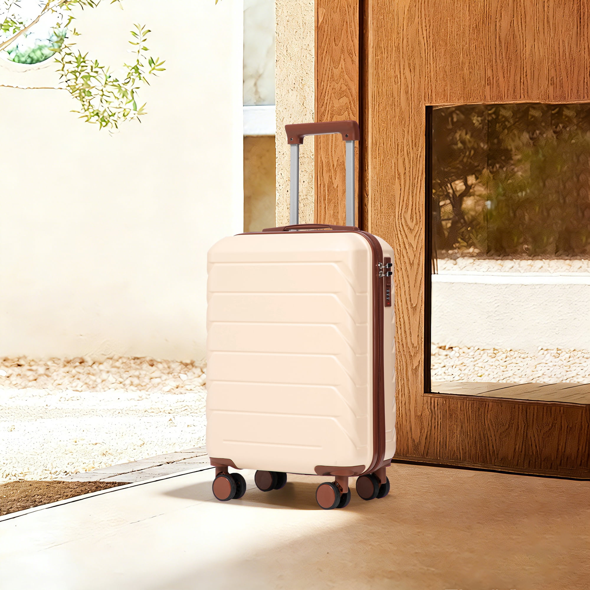 Merronix 20" ABS Hard Shell Large Travel Checked Luggage with 360° Spinner Wheels, Hardside Suitcase with Combination Lock and Side Hooks, Beige