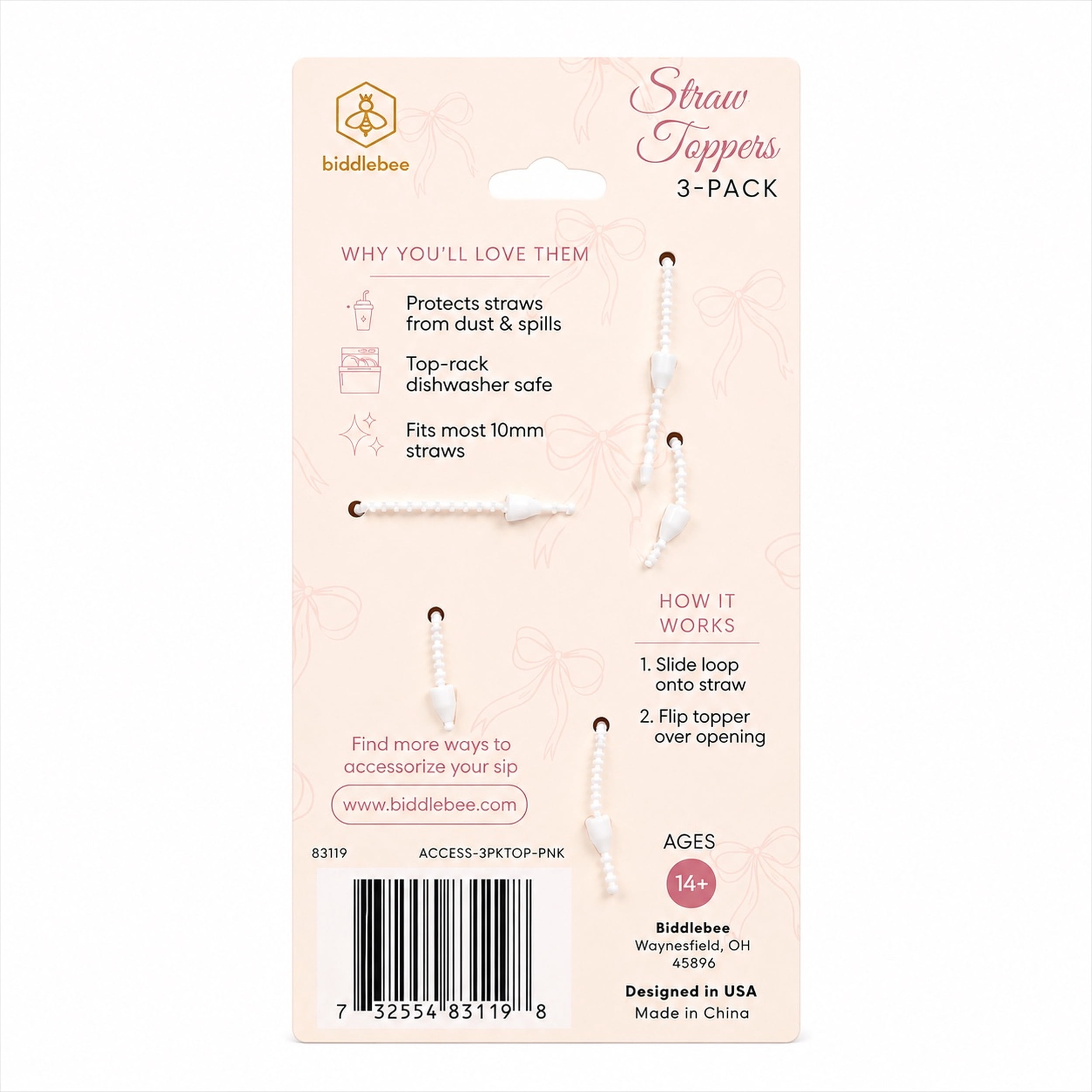 Biddlebee Pink Heart, Flower and Bow Straw Toppers, 3-Pack