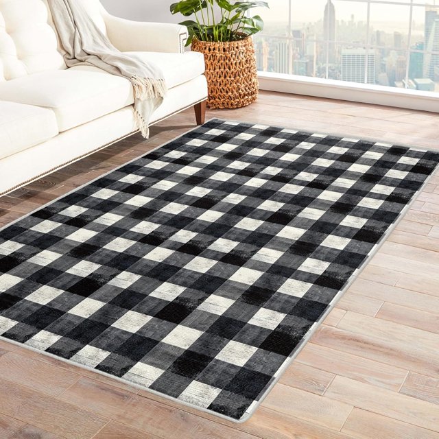 Plaid Rugs for Living Room Bedroom - Gingham Rug 5x8 - Grey Carpet for Home Decor - Washable Non Slip Patterned Indoor Large Area Rug - Soft & Low Pile (ZJ&320)
