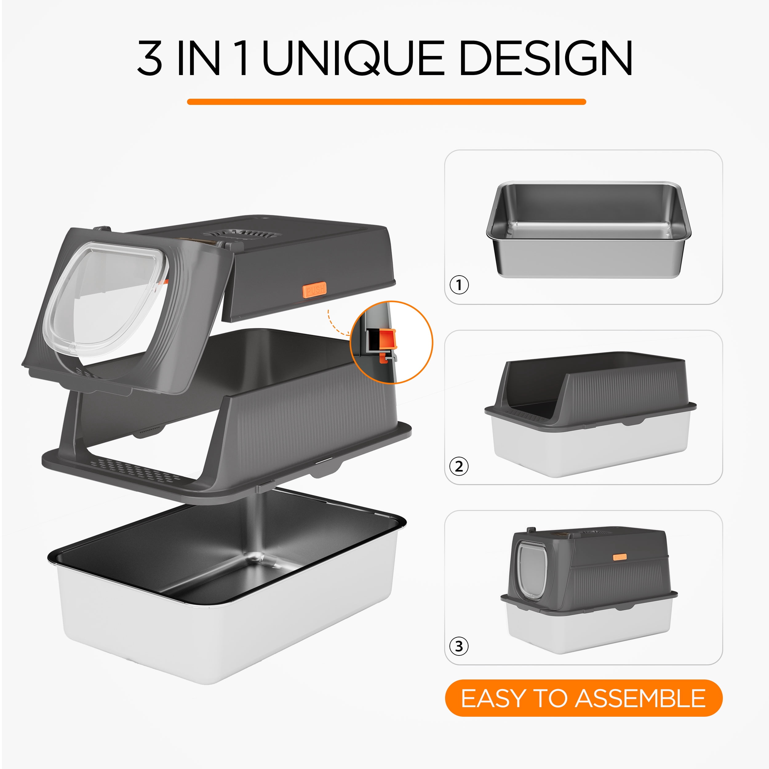 Kerhouze Stainless Steel Litter Box with Lid Enclosed Large Cat Litter Box with Poop Scooper Dark Gray