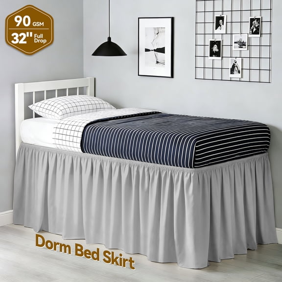 Gray Dorm Bed Skirt, Twin XL Size with 32" Drop, Easy Wrap-Around Elastic Design & Machine Washable Solid Fabric for Bedroom Decor
