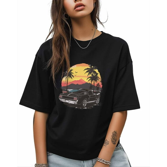 T Shirts for Women Short Sleeve Cotton Crewneck T-Shirt, Resort Style Car Sunset Palm Trees Tee Tops Casual Basic T-Shirts, XS-5XL Black 4XL