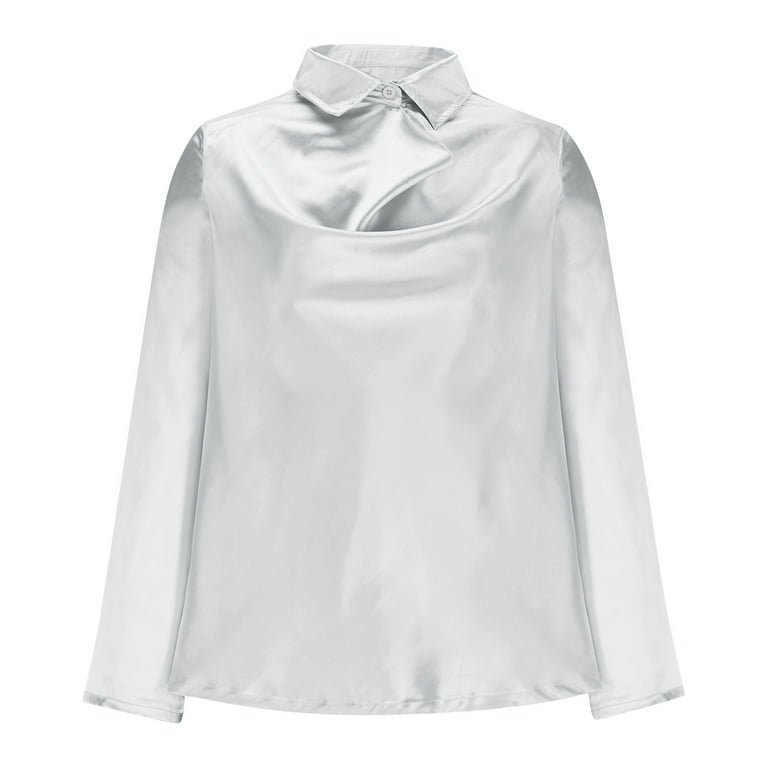 Ohufall Long Sleeve Dress Tops for Women Fashion Elegant Smoothing Satin  Button Lapel Shirt Ladies Solid Color Casual Formal Business Blouses