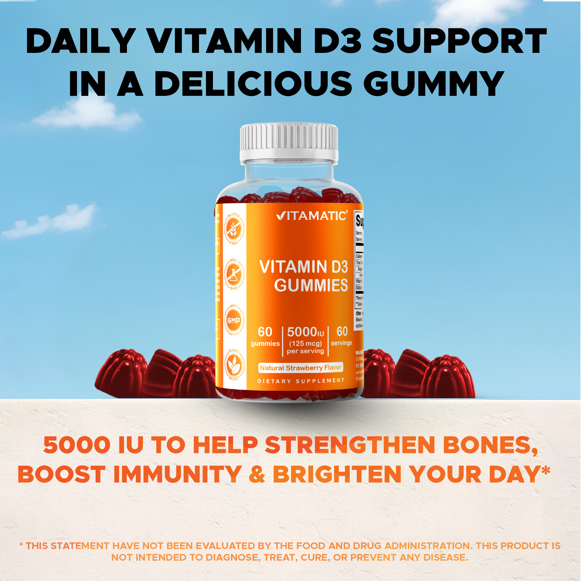3 Pack Vitamatic Vitamin D3 Gummies - 5000 IU Per Gummy - 60 Gummies - Great Taste - Healthy Bones, Teeth, Mood, Joint & Immune System Function (Total 180 Count)