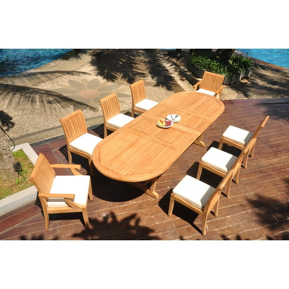 Grade-A Teak Dining Set: 8 Seater 9 Pc: 118" Double Extension Mas Oval Trestle Leg Table And 8 Lagos Chairs (2 Arm & 6 Armless Chairs) WholesaleTeak #WMLG38