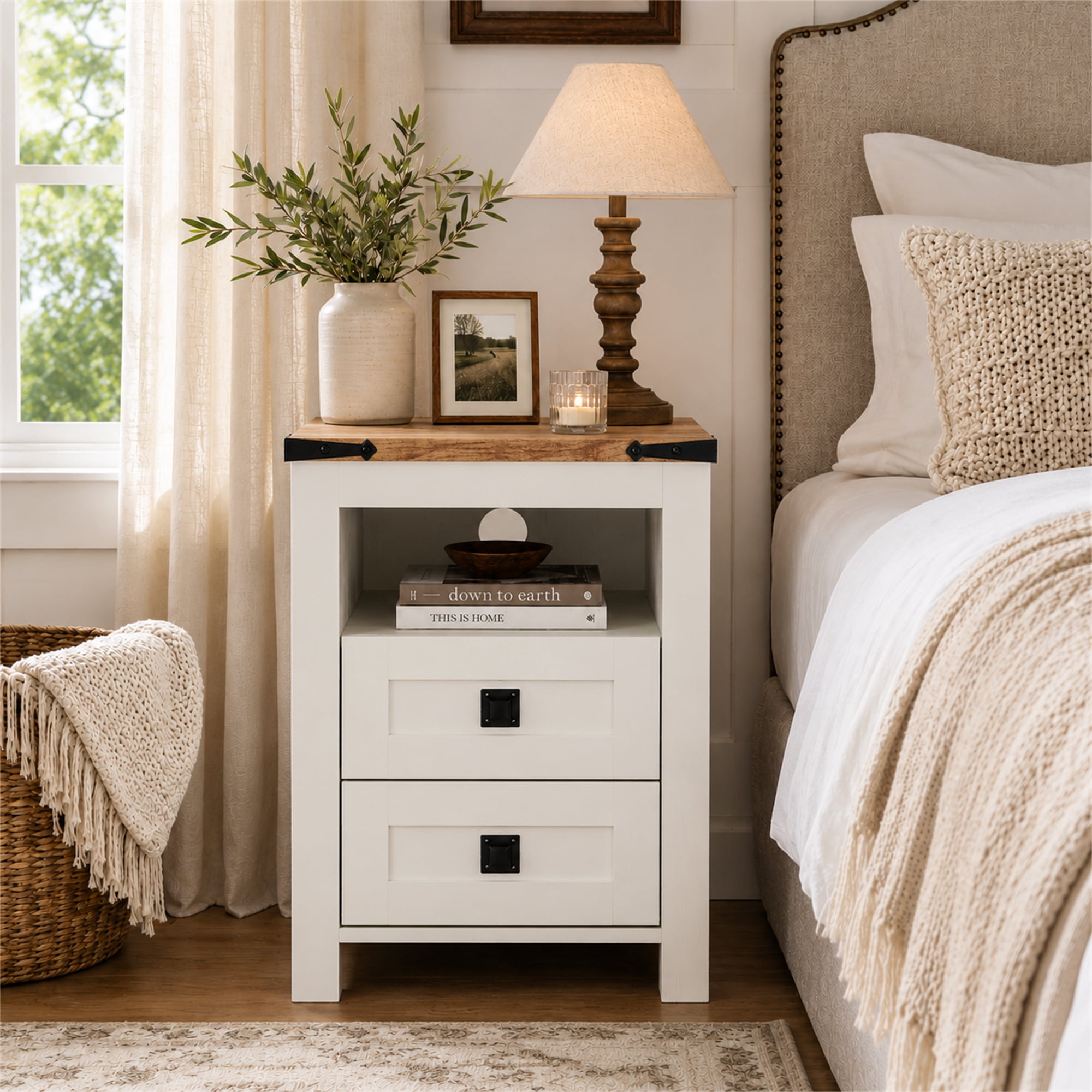 JOINICE, Nightstand Set of 2, Cherry, Modern with Storage
