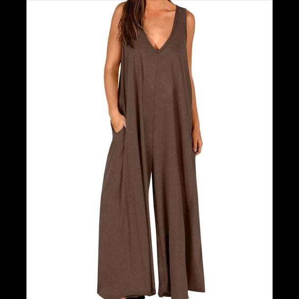 Mono Informal de Verano para Mujer, Holgado, Sin Mangas, con Cuello en V, Pierna , , Holgado, con Bolsillos. Marrón 02 XXL