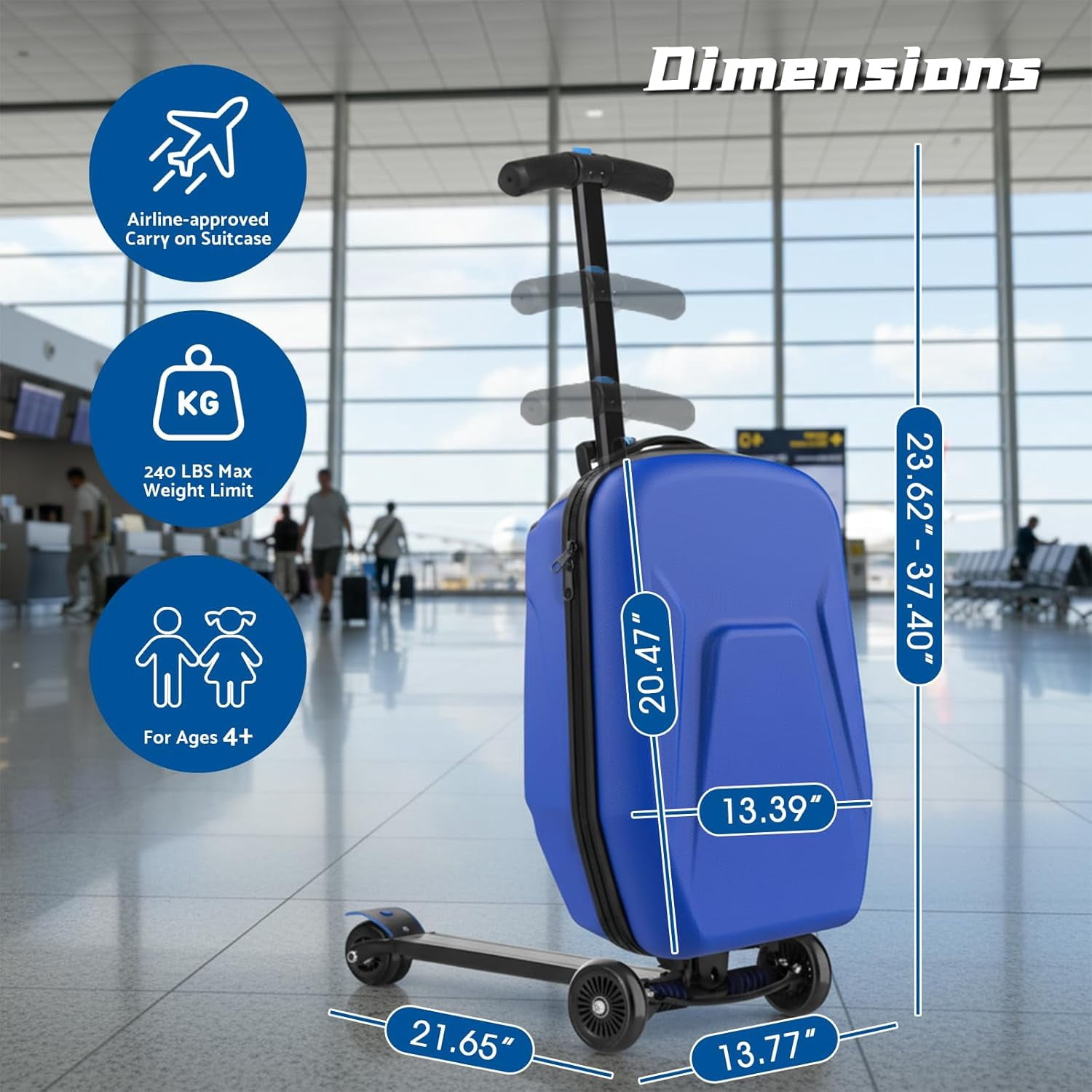 20" Hardshell Scooter Suitcase for Kid & Adult Foldable 2 in 1 Ride on Carry on Travel Trolley Scooter Luggage With Wheels Blue