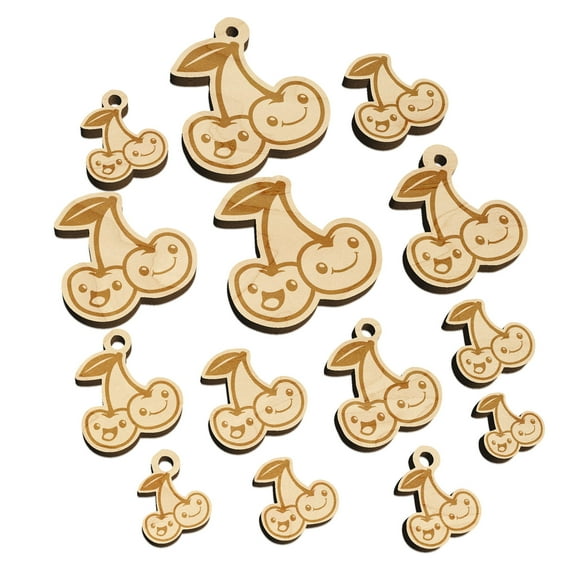 Couple of Cute and Kawaii Cherry Buddies Cherries Wood Mini Charms Shapes DIY Craft Jewelry - With Hole - Various Sizes (16pcs)