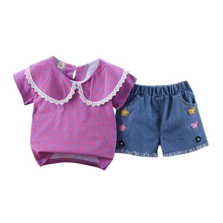 

XINSHIDE Toddler Kids Girls Clothes Short Sleeve Floral Print T Shirt Top Jeans Shorts Casual 2Pcs Outfits Set Baby Clothes