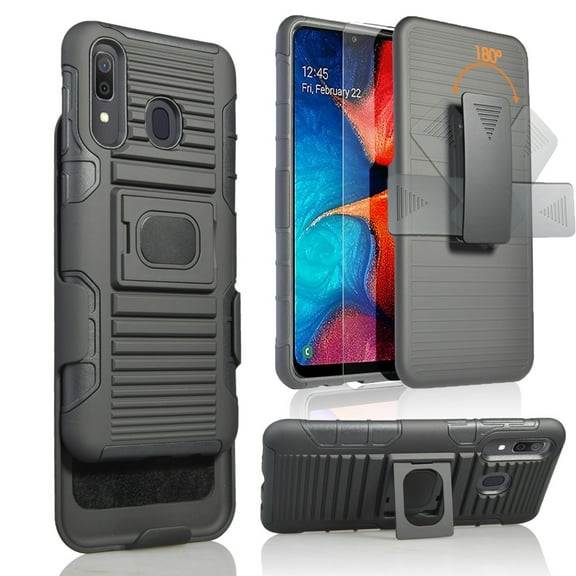 Compatible for Samsung Galaxy A20/A30 Case with Tempered Glass Screen Protector Belt Clip Holster Defender Rugged Shock Proof Armor Heavy Protection Phone Cover w/Magnetic Mount Plate [Black]