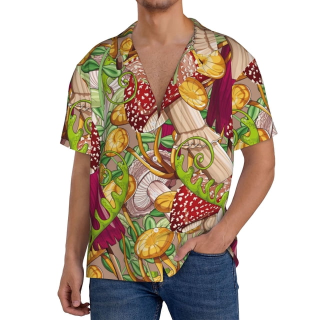Fotbe Bright Mushrooms Camisa Estampada de Manga Corta para Hombre, Casual de Verano, Estilo Playero, Sin Arrugas-Medium
