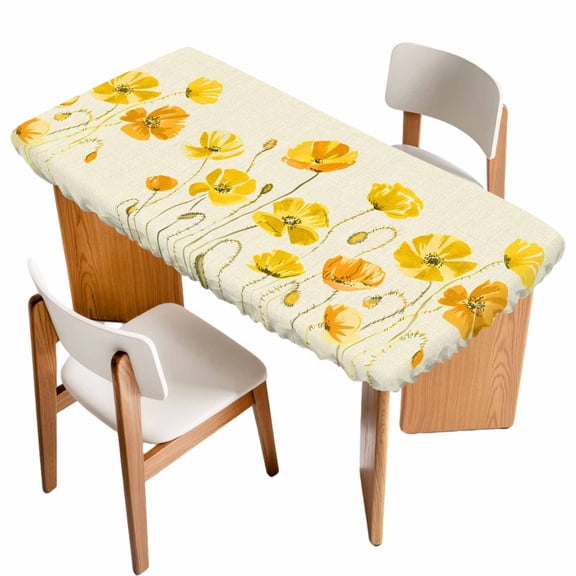 Yellow Flowers Table Cloths for 5 Foot Rectangle Tables, Farmhouse Botanical Watercolor Floral Patio Waterproof Elastic Fitted Tablecloths, Washable Rectangular Table Cover for Camping