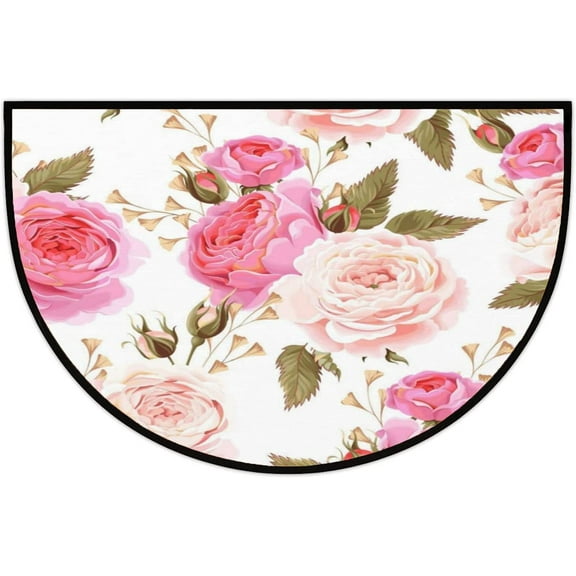 Floral Flower Rose Pink Half Round Door Mat Half Circle Area Rug Doormat Home Decor Rug Front Welcome Entrance Way Mat for Indoor Outdoor Kitchen Bedroom 24x16 inch.