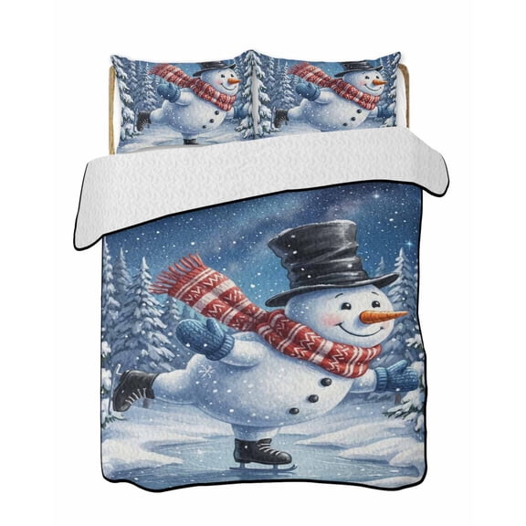Quilts Queen Size Bedding Set, Christmas Snowman Reversible Summer Quilt 3 Pieces, Winter Xmas Trees Snowflakes Blue Lightweight Bedspreads Coverlets with 2 Pillow Shams for All Seasons