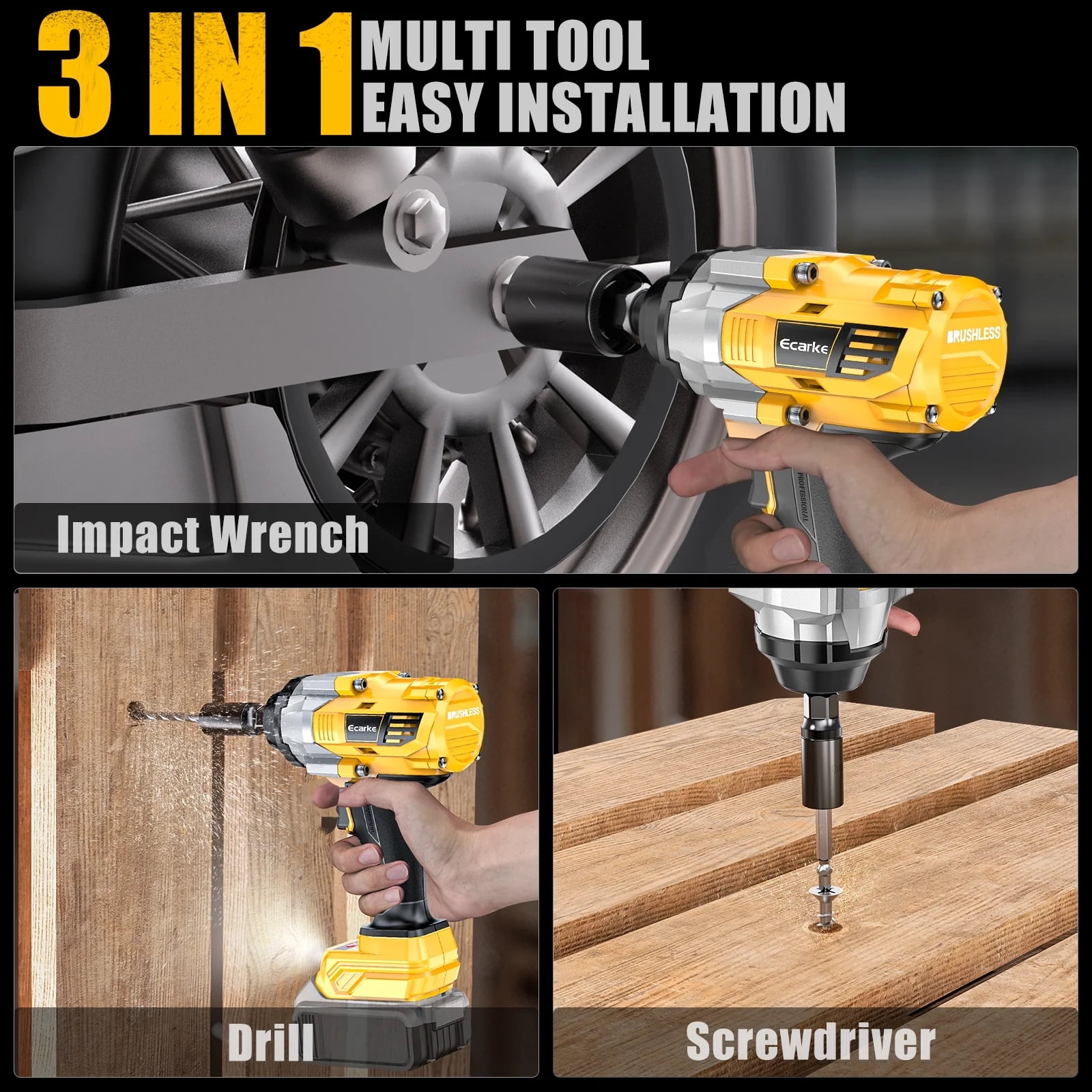 Cordless Impact Wrench 1000FT-LBS for Dewalt Battery, 1/2 inch Brushless Electric 1360N.m Impact Gun Includes LED Work Light, High Torque Impact Driver（No Battery）