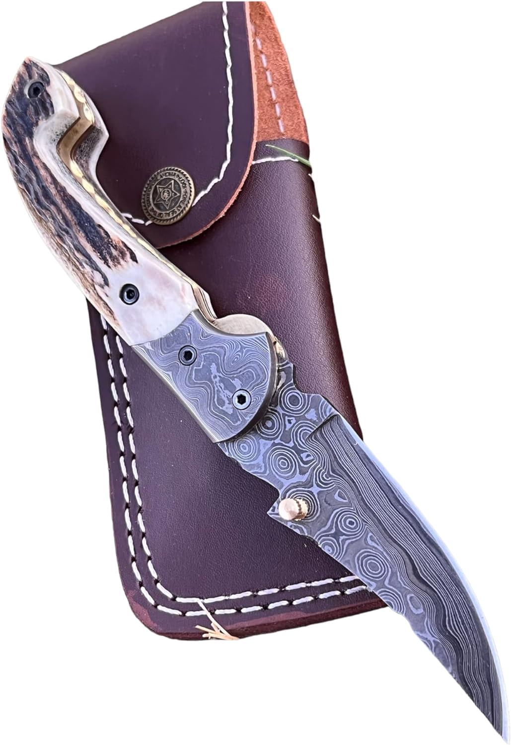Poshland Custom Handmade 3.2" Tactical Knife with Damascus Steel Stag Horn Handle