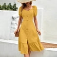 thumbnail image 4 of Weiqiqre Womens Dresses Short Sleeve V-Neck Button Down Smocked Casual Ruffle Slit Maxi Boho Dress, 4 of 6