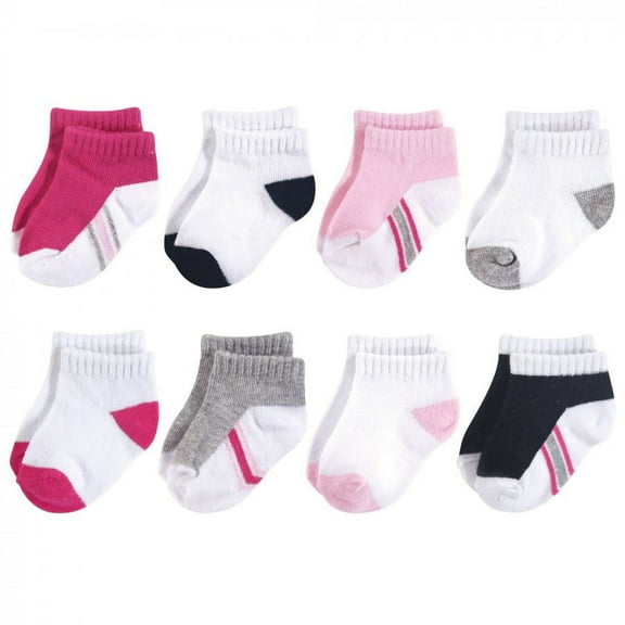 Hudson Baby Infant Girl Cotton Rich Newborn and Terry Socks, White Pink Black, 0-6 Months