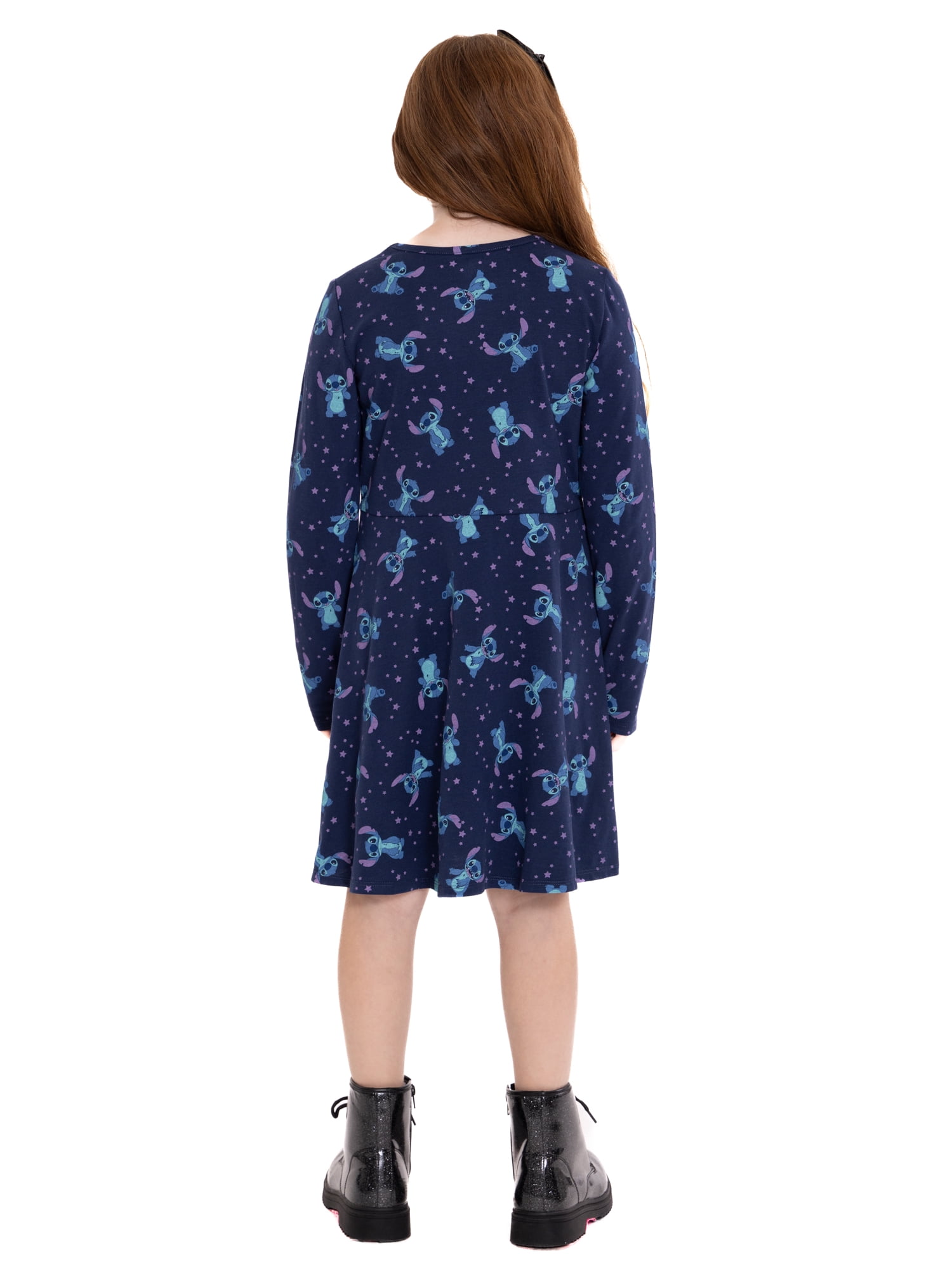 Stitch Girls Print Skater Dress with Long Sleeves, Sizes 4-16