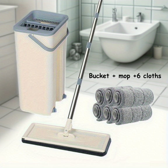 8pcs Household Mop and Bucket Set with 6 Replaceable Microfiber Pads- 360° Flexible Spin Flat Mop, Wet& Dry Use, Quick-Cleaning Dewatering Bucket, Easy-Clean Tool Kit