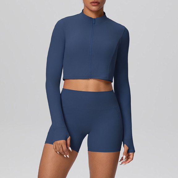 YueHuiYing Women's Two-Piece Sports Set: Compression Quick-Dry Long-Sleeve Zipper Jacket and Shorts - Energetic Yoga Activewear