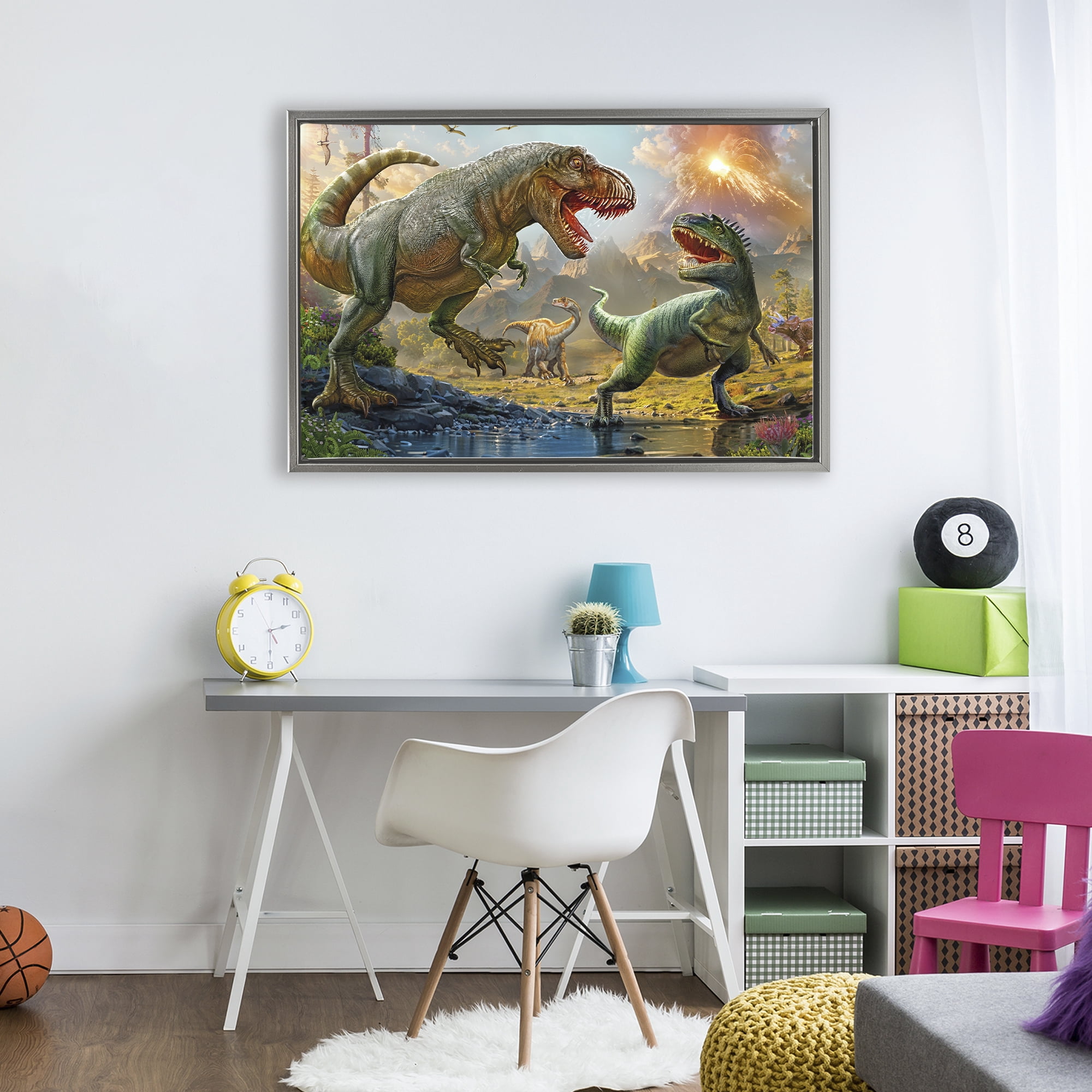 Stupell Industries T-Rex Encounter at Riverbank Gray Framed Floater Canvas Wall Art, design by Henriette Chinaglia