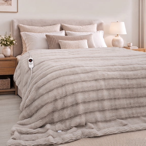 CalFancy Luxury Heated Blanket Full Size 72x84in, Faux Fur Flannel Electric Blanket, 6 Heat Settings, 1-10H Timer, Machine Washable, Brown