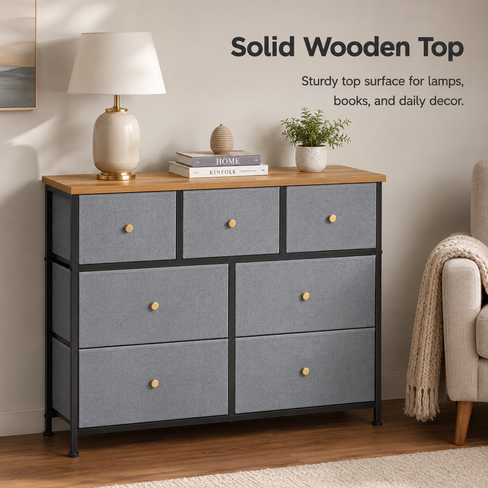 Alvantor 5/7 Drawer Fabric Dresser, Storage Tower for Bedroom and Closet, Chest of Drawers with Sturdy Steel Frame & Wooden Top for Living Room, Entryway