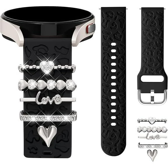 5PCS Charm Leopard Engraved Band Compatible with Samsung Galaxy Watch 7/6/5/4/For Galaxy FE 6 5 4 40mm 44mm,Galaxy Active 2,20mm Watch Band Soft Silicone Strap with 5PCS Ring Loops