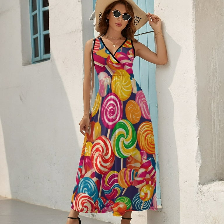 Candy Pattern Rainbow Lollipop Dress Summer Street Style Bohemia Long  Dresses Female Sleeveless Printed Maxi Dress - Walmart.com