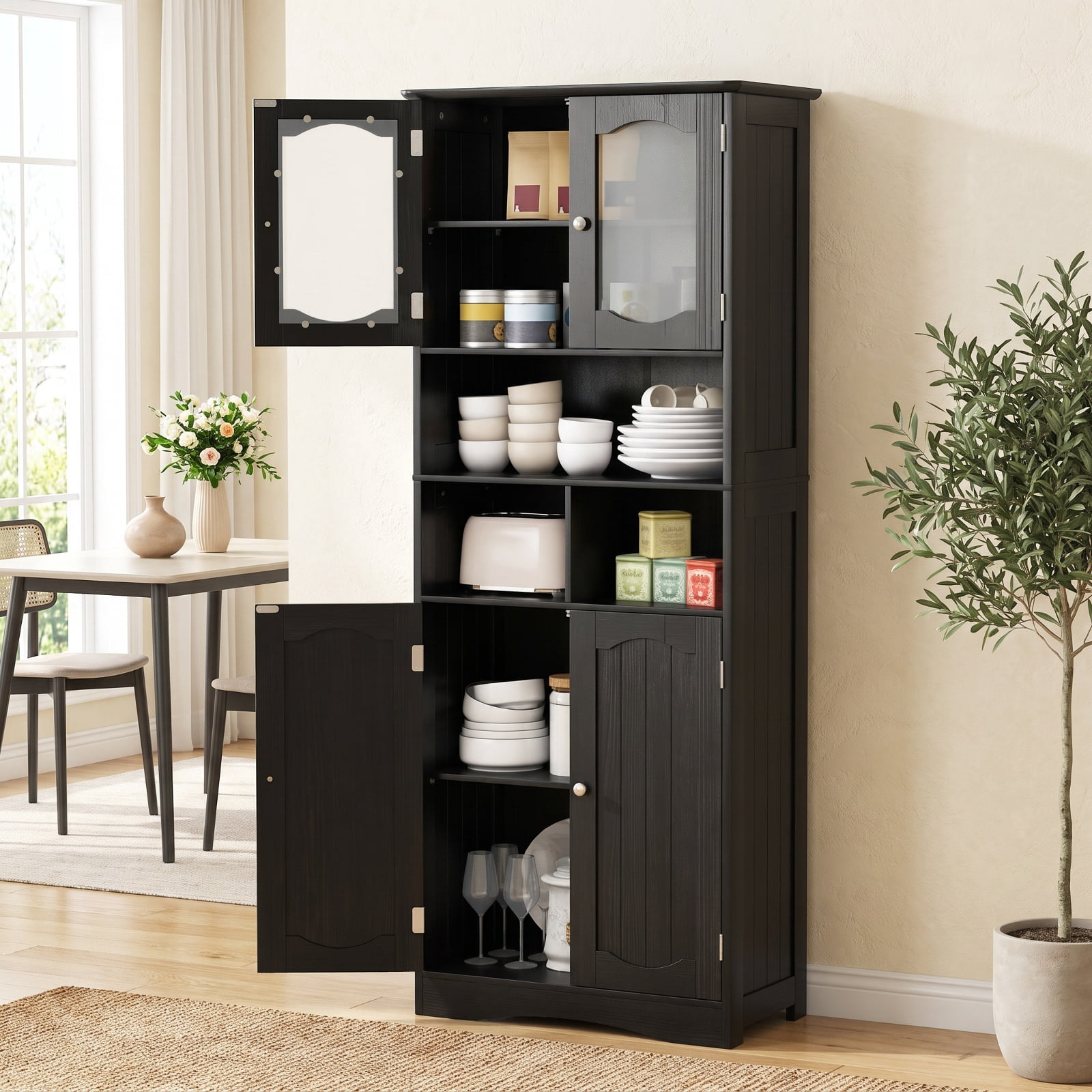Vebreda Freestanding Bathroom Storage Cabinet, 58.5 Inch Freestanding Linen Bathroom Storage Cabinet with Frost Glass Doors, 2 Adjustable Shelves